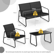 Load image into Gallery viewer, Salon de Jardin 4 Pices avec 2 Chaises Table en Verre Tremp et Causeuse Meuble Extrieur en Tissu Respirant Cadre Mtallique Noir -