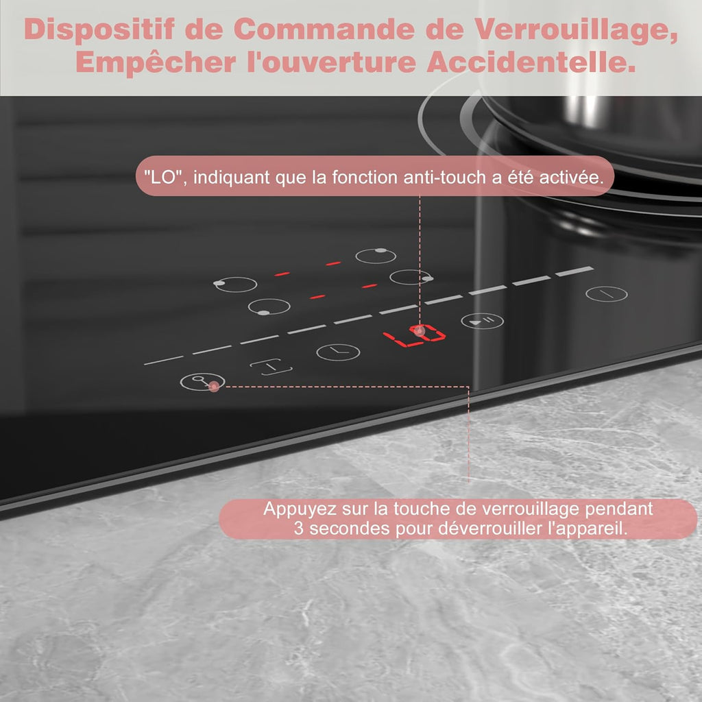 Plaque Induction 4 Feux Encastrable 6400W, Plaque de Cuisson Induction Zone Flexible, Plaque Electrique 60cm, Fonction Pause, 9 Niveaux, Controle tactile, Minuterie, Serrure pour Enfants