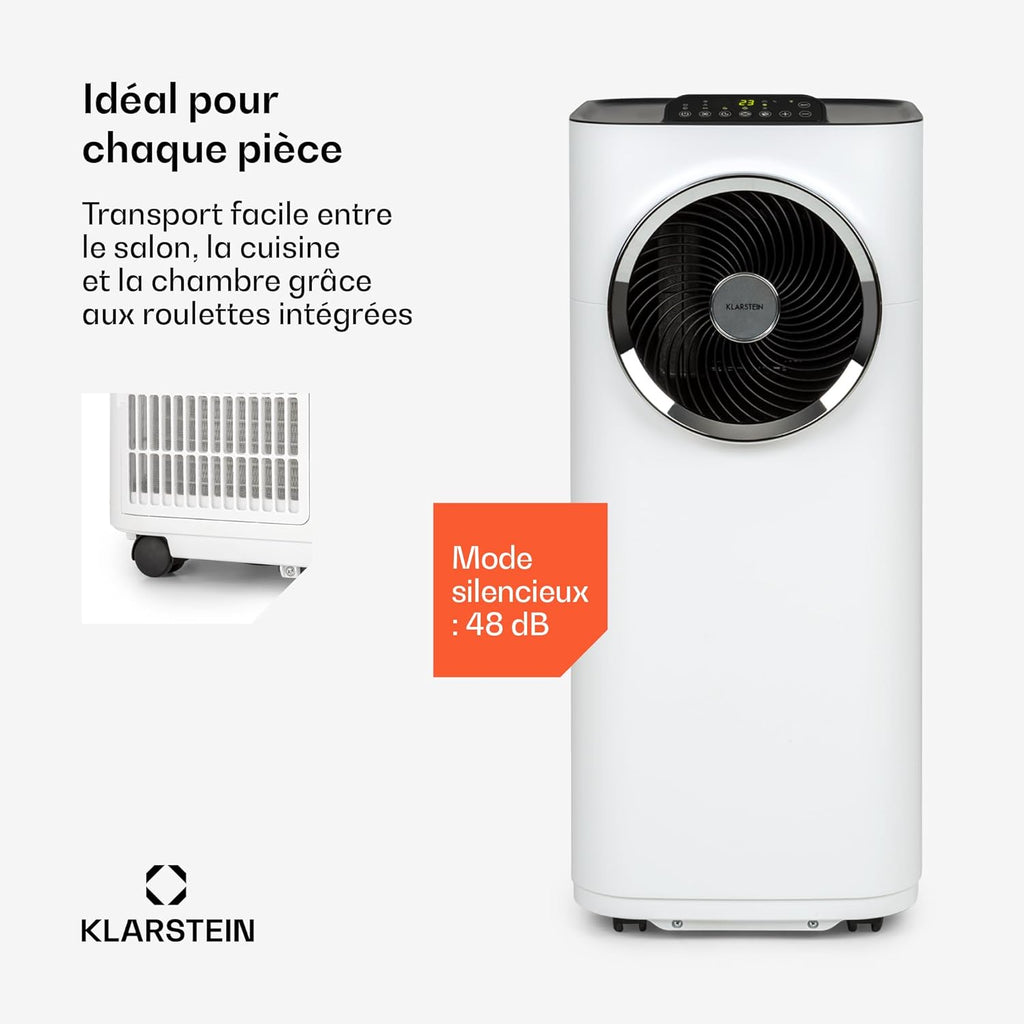 Klarstein Climatiseur Mobile Silencieux, Climatiseur Portable 5 en 1, Mini Climatiseur, Purificateur et Elimination des Odeurs, Mode Nuit, Déshumidificateur d'Air, Faible Conso, 10K BTU, Climatiseurs