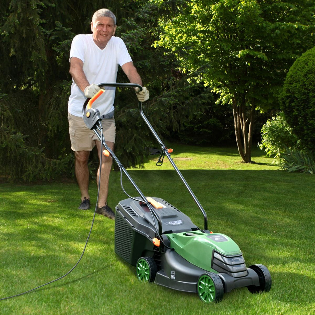 Tondeuse à Gazon Électrique Filaire 1500 W 4015 TR/Min Boîte de Collecte 35 L 3 Hauteur Réglables 25-65 MM Largeur de Coupe 34 CM Vert -