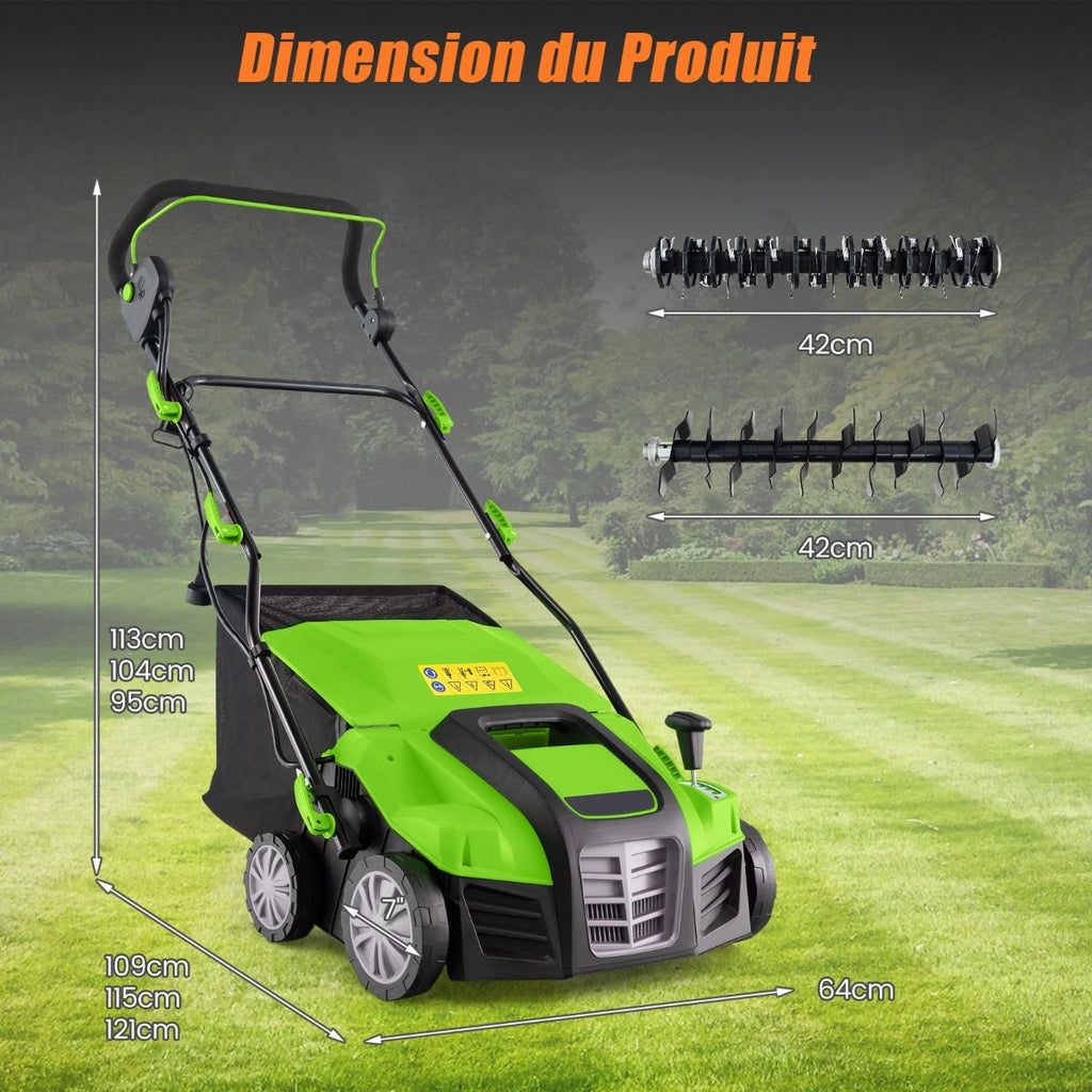 Scarificateur Électrique 2 en 1 de 15A avec Double Interrupteur de Sécurité Réglable Sac de Ramassage 55 L Scarificateur Orange/Vert -