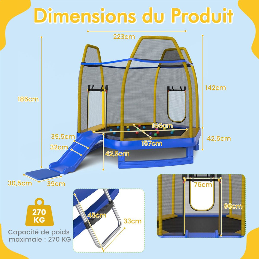 Trampoline Extérieur Ø 223cm avec Toboggan&Echelle avec Filet de Sécurité 2 Portes en U Charge 270kg pour 2-3 Enfants de 3 Ans+ Bleu/Vert -