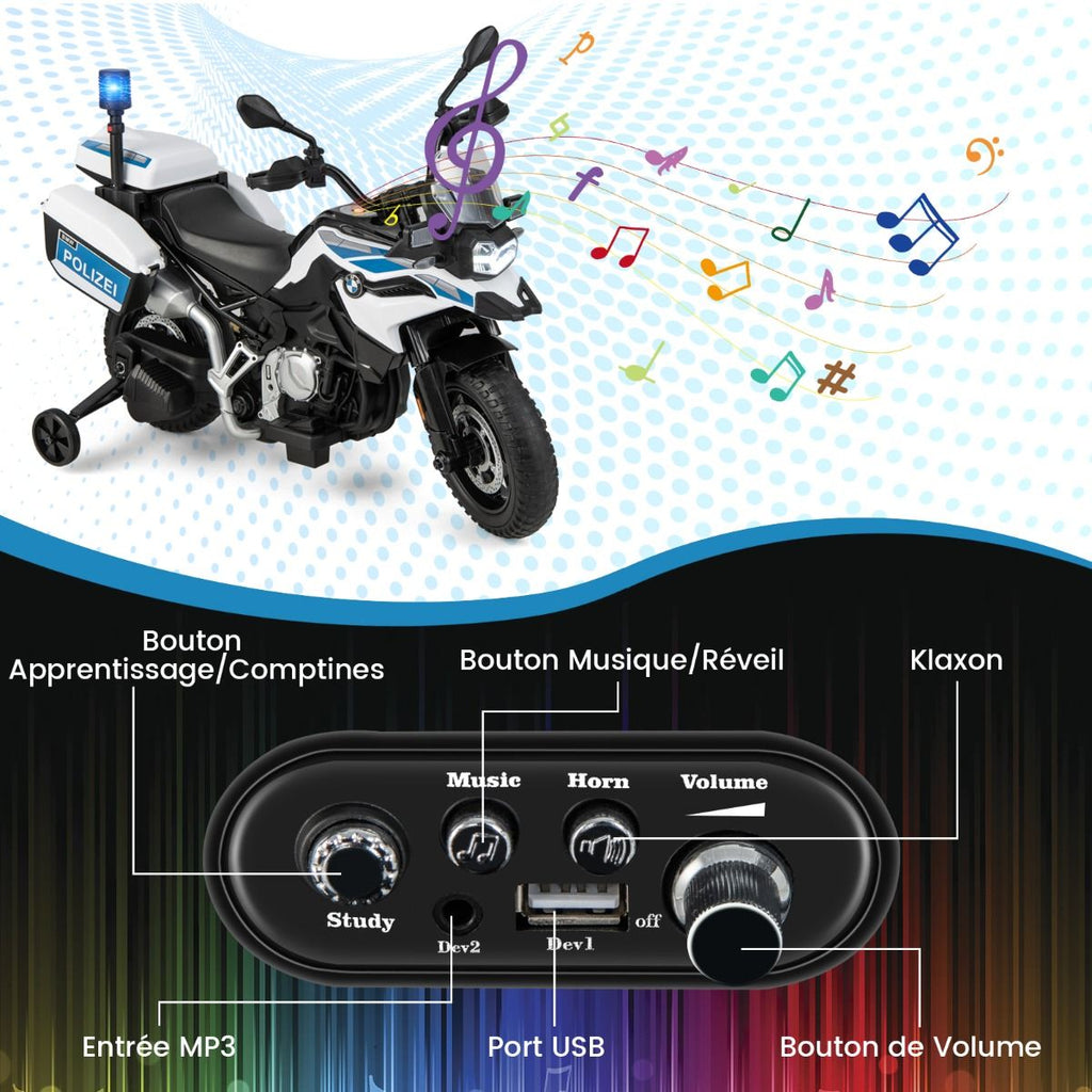 Moto lectrique 12V/7AH pour Enfants 6km/h Modle Policier avec Klaxon Musique Sirne Phares pour 3-8 Ans -