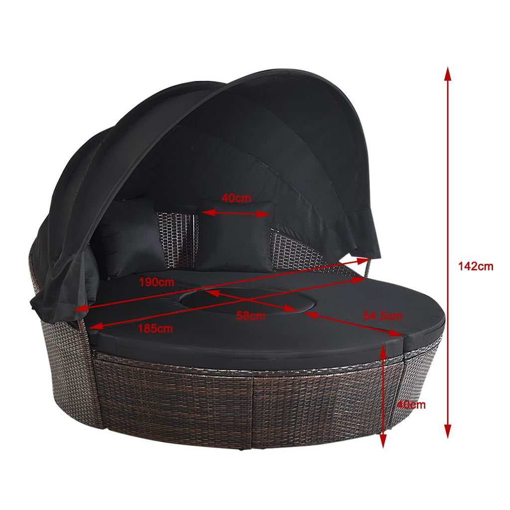 Lit de Jardin Rond d'Exterieur Table Relevable Modulable & Convertible - Pare Soleil Réglable rotin PE Coussins Inclus Noir -