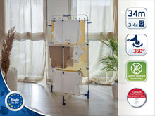 Load image into Gallery viewer, Leifheit Tour de séchage Classic Tower 340, étendoir à linge pliable à 3 niveaux, séchoir à linge tour 34 m avec cadres rabattables &amp; roulettes 360°