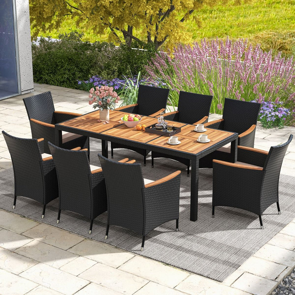 Salon de Jardin en Rotin 9 Pices Plateau de Table en Acacia Ensemble de Salle  Manger avec Coussins Amovibles Trou Charge 180KG Beige+Noir -