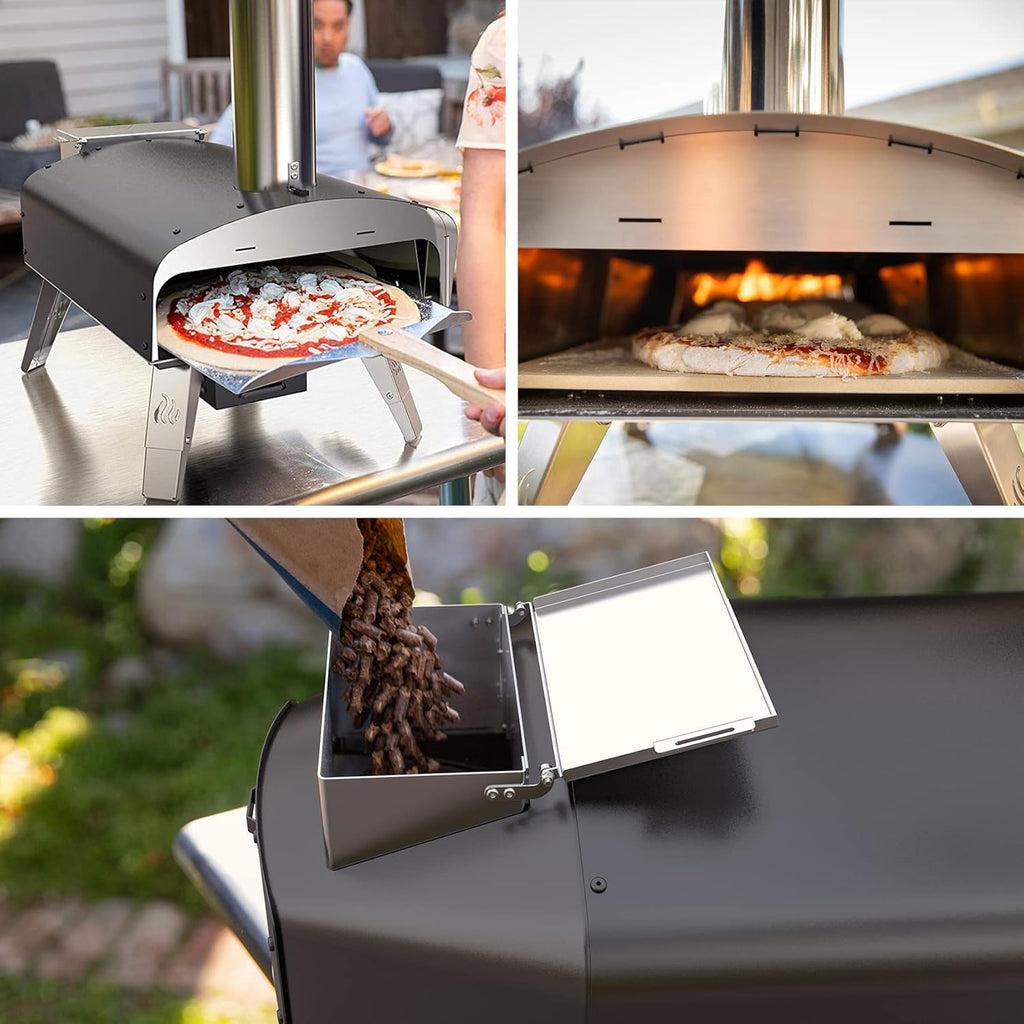 Mimiuo Four à Pizza Noir au Charbon de Bois pellets, Four à Bois Premium pour Jardin avec système de Rotation Automatique, avec Pelle et Pierre à Pizza (Tisserie W-Oven Series)