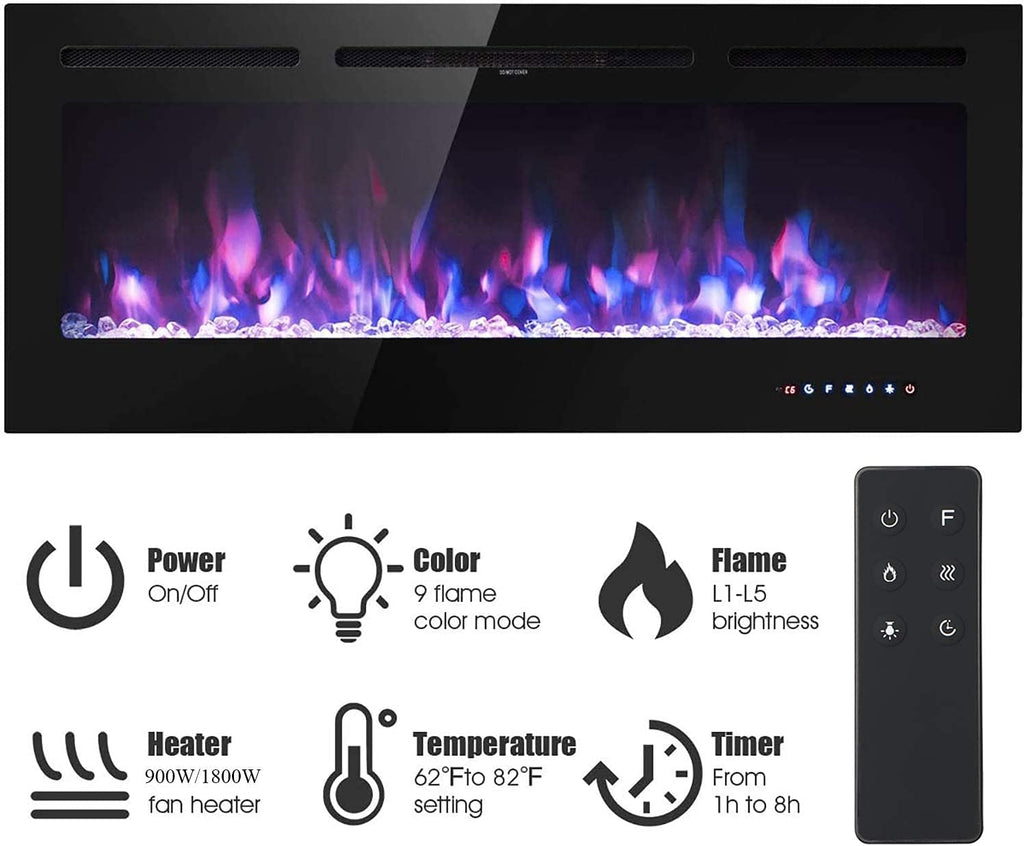 M.C.Haus Cheminée électrique avec écran Tactile et Panneau en Verre coloré pour Insert de Flamme - Chauffage Mural - Télécommande avec Cristal et bûches - 900/1800 W (102 cm, Noir)