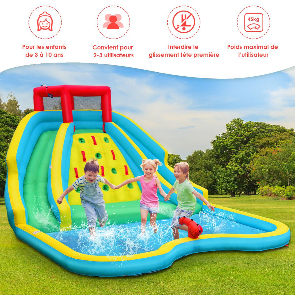 Toboggan Aquatique Gonflable 5 en 1 avec Pataugeoire Aire de Jeux Gonflable en Oxford avec Mur d'Escalade Charge 150kg pour 3-10 Ans (sans Souffleur) -