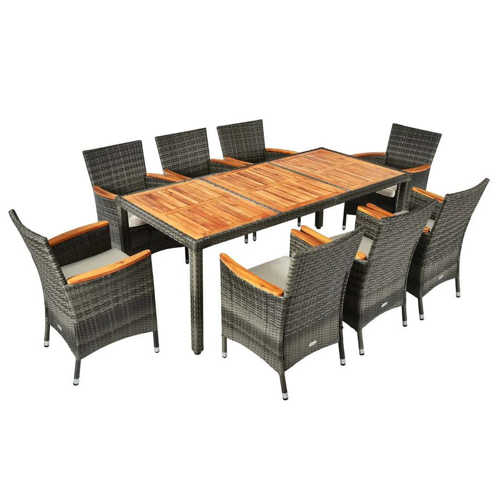 Salon de jardin avec 1 table et 8 chaises en bois et rotin anti-uv pieds rglables et coussins impermables inclus 20_0009211 -