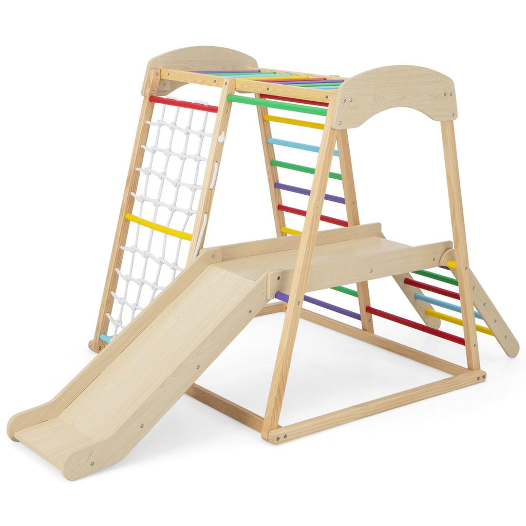 Triangle d'Escalade 6 en 1 en Bois avec Toboggan et Filet Barre pour Grimper Ramper et Glisser 1 An+ Coloré/Naturel -