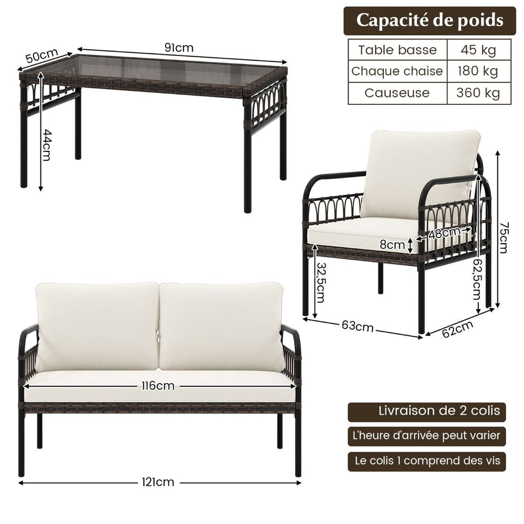 Meubles de Patio 4 Pièces en Rotin Charge 180-360KG avec Chaises Causeuse Coussins et Table Basse en Verre Trempé pour Balcon Blanc -