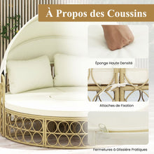 Load image into Gallery viewer, Lit de Repos Rond pour Patio avec Auvent Rtractable Ensemble de Sige Sectionnels Spars en Rotin PE avec Coussins Doux Blanc -