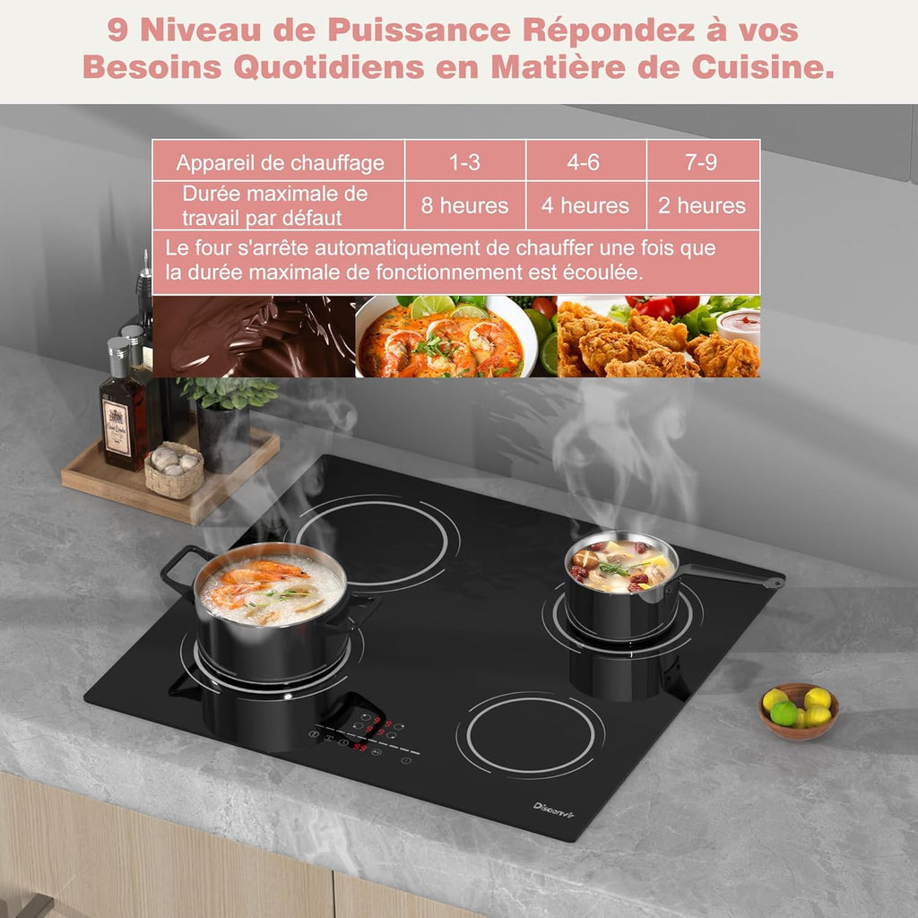 Plaque Induction 4 Feux Encastrable 6400W, Plaque de Cuisson Induction Zone Flexible, Plaque Electrique 60cm, Fonction Pause, 9 Niveaux, Controle tactile, Minuterie, Serrure pour Enfants
