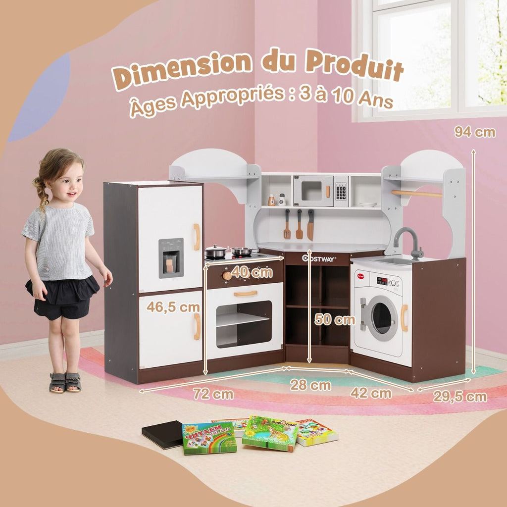 Jeu de Cuisine d'Angle pour Enfants de 3 Ans et Plus en Bois Machine  Glaons Porte-serviettes Accessoires Effets Sonores et Lumineux -