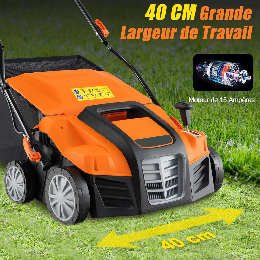 Scarificateur Électrique 2 en 1 de 15A avec Double Interrupteur de Sécurité Réglable Sac de Ramassage 55 L Scarificateur Orange/Vert -