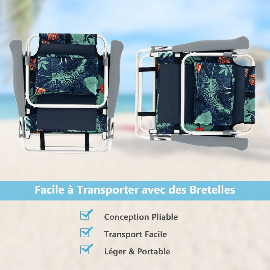Lot de 2 Chaises de Camping Plage Pliante Table Enroulable en Aluminium Appui-tête Dossier Réglable à 5 Positions 6 Couleurs au Choix -