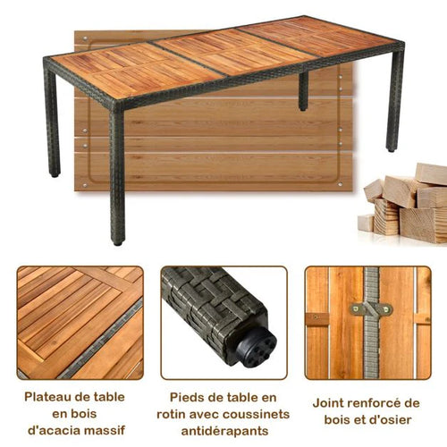 Salon de jardin avec 1 table et 8 chaises en bois et rotin anti-uv pieds rglables et coussins impermables inclus 20_0009211 -
