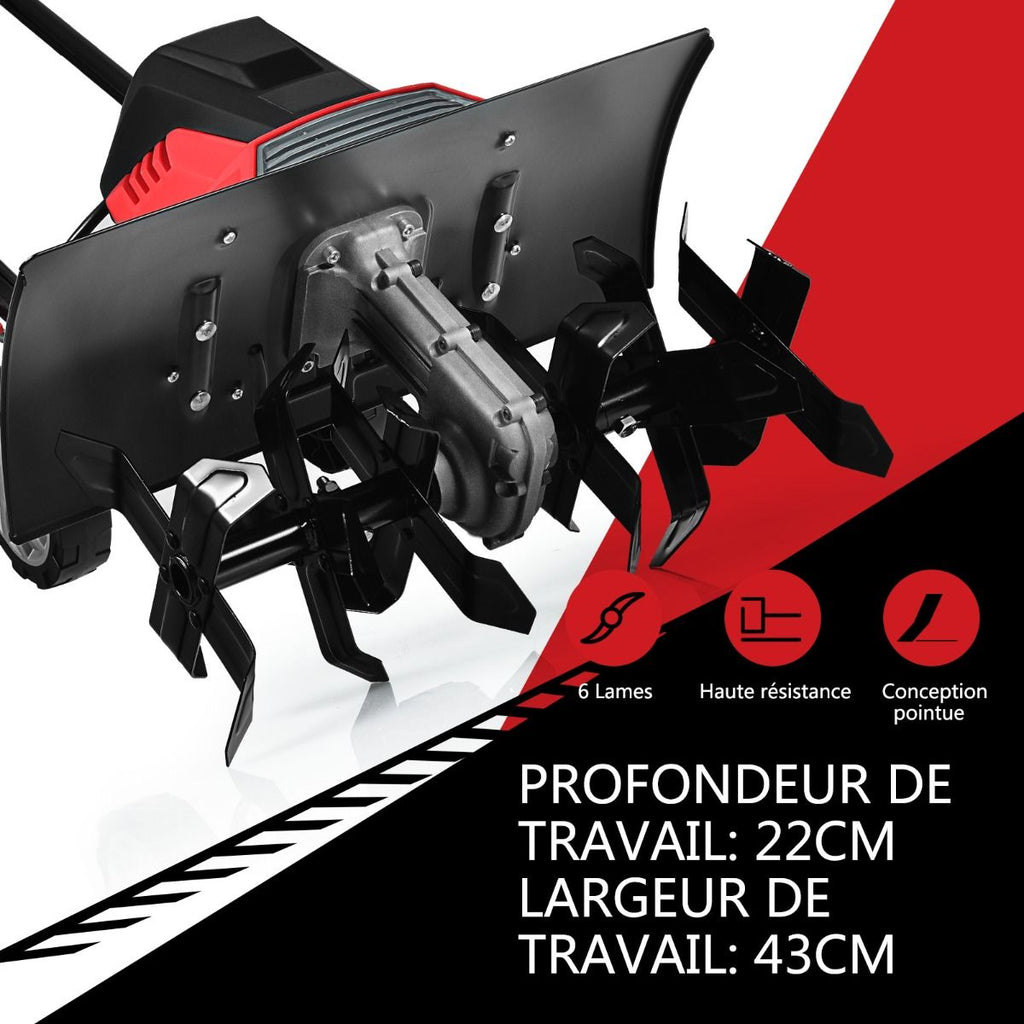 Motobineuse Motoculteur Électrique 1500W Profondeur Travail 22CM Largeur 43CM avec Poignée Pliable Roues Réglables 6 Lames -