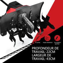 Load image into Gallery viewer, Motobineuse Motoculteur Électrique 1500W Profondeur Travail 22CM Largeur 43CM avec Poignée Pliable Roues Réglables 6 Lames -