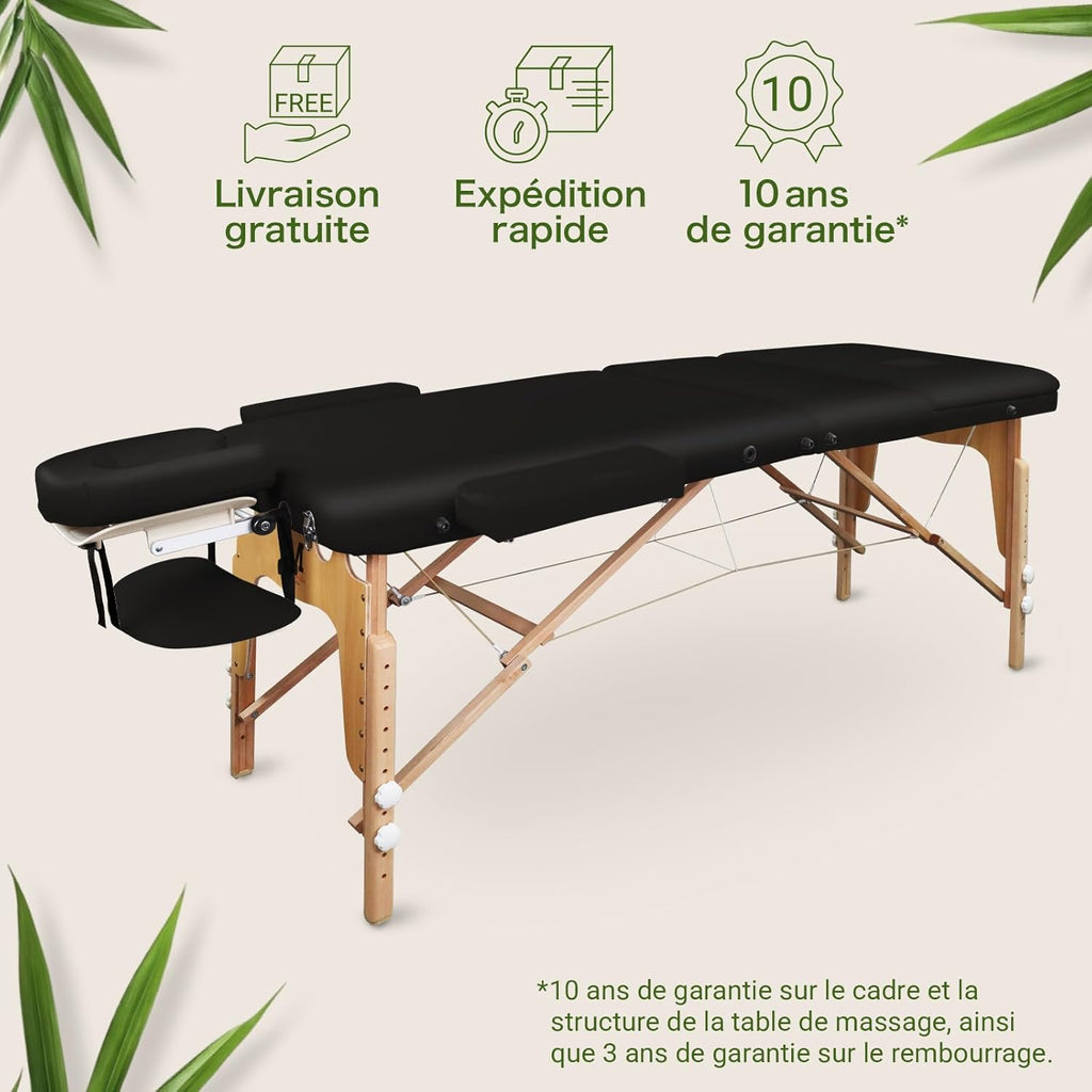 MASSUNDA All INKL Chaise de Massage Pliante et réglable en Hauteur – Table de Massage Mobile en Bois Massif avec Housse en éponge, accoudoirs et dossiers, appuie-tête Ergonomique (Noir)