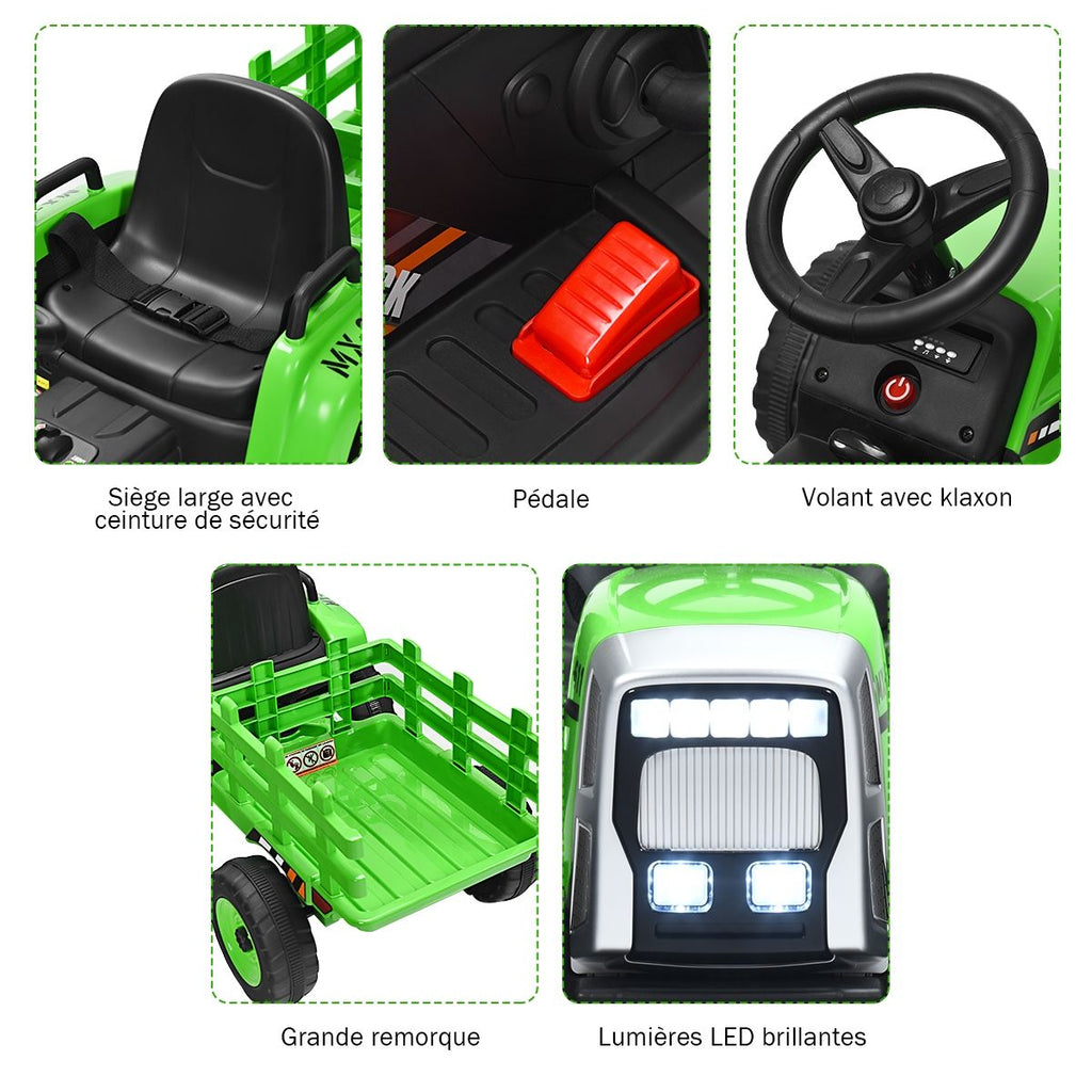 Tracteur Electrique avec Remorque pour Enfants 3 Vitesses Lumires LED Fonctions o USB et Bluetooth Jaune/Rose/Rouge/Vert/Vert Fonc/Noir -
