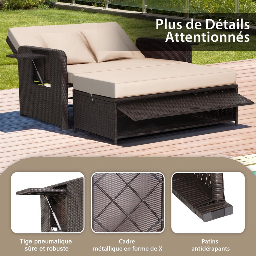 Salon de Jardin Extérieur Ajustable à Lit,2 Place avec Stockage Caché,Dossier Réglable à 4 Niveaux en Rotin PE -
