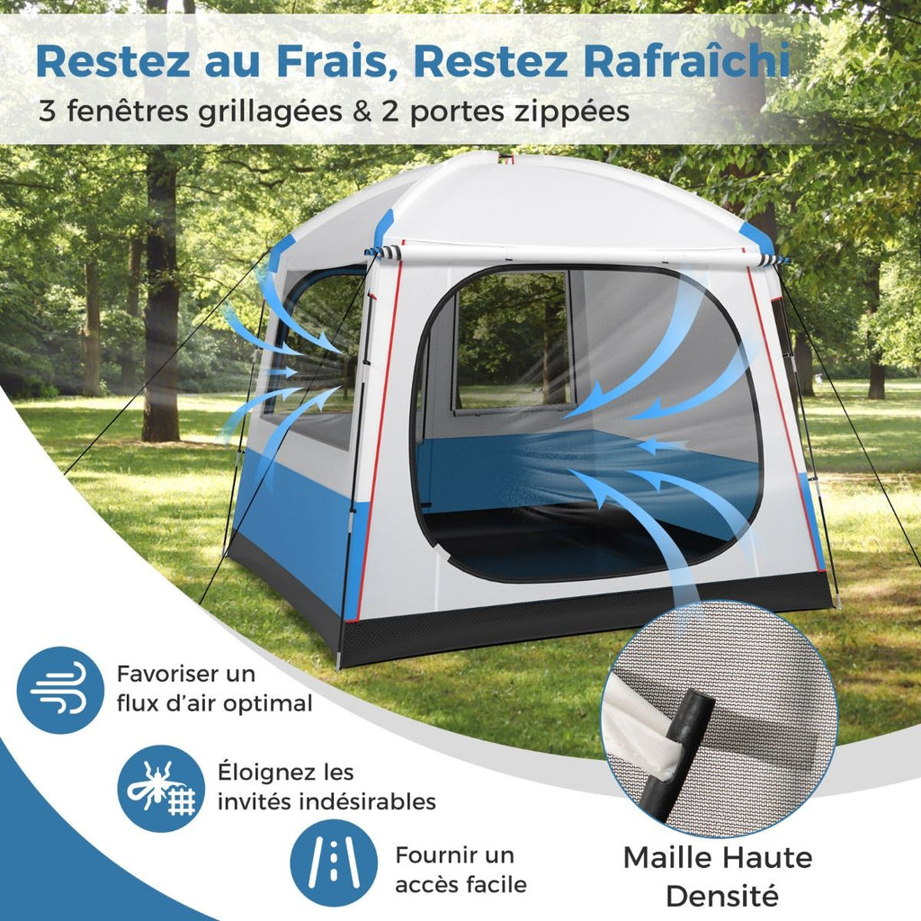 Tente de Camping pour 5 Personnes Tente Dôme Étanche avec Porte et Fenêtres en Maille Sac de Transport 248x248x230cm Bleu + Blanc -