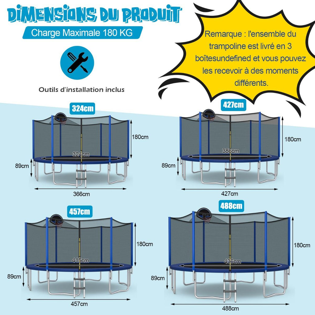 Trampoline d'Extérieur Ø366 cm Trampoline avec Panier de Basket Filet de Protection Trampoline pour Enfants et Adultes -