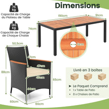 Load image into Gallery viewer, Salon de Jardin en Rotin 9 Pièces Plateau de Table en Acacia Ensemble de Salle à Manger avec Coussins Amovibles Trou Charge 180KG Beige+Noir -