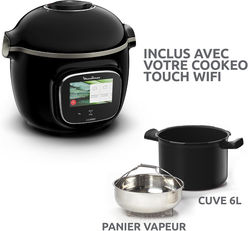 Moulinex Cookeo Touch Wifi Multicuiseur intelligent, Cuve 6 L, Haute pression, Guide pas à pas, 250 recettes intégrées, Application Moulinex CE902800, Noir