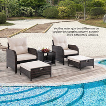 Load image into Gallery viewer, Meubles de Patio 5 Pices Ensemble de Canap d'Extrieur en Rotin avec 2 Chaises 2 Poufs et 1 Table Basse Coussins Doux Plateau en Verre Tremp Beige -