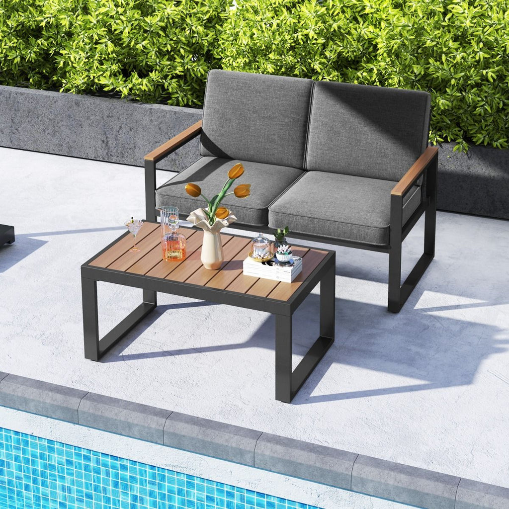 Salon de Jardin 2 Pièces avec Table Basse Causeuse Ensemble de Meubles d'Extérieur en Aluminium avec Accoudoirs Gris -