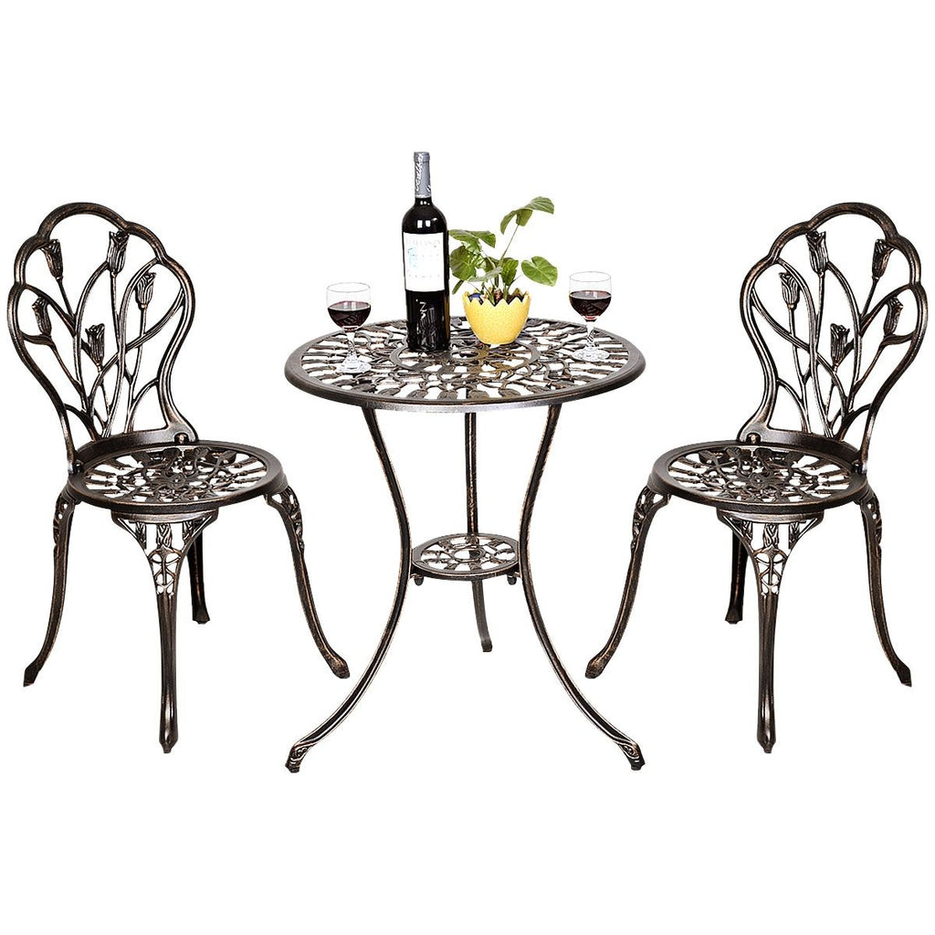 Salon de jardin avec 1 table ronde et 2 chaises en fonte d’aluminium Style rétro avec motif tulipe avec trou de parasol -