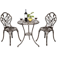 Load image into Gallery viewer, Salon de jardin avec 1 table ronde et 2 chaises en fonte d’aluminium Style rétro avec motif tulipe avec trou de parasol -