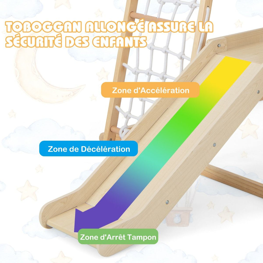 Triangle d'Escalade 6 en 1 en Bois avec Toboggan et Filet Barre pour Grimper Ramper et Glisser 1 An+ Coloré/Naturel -
