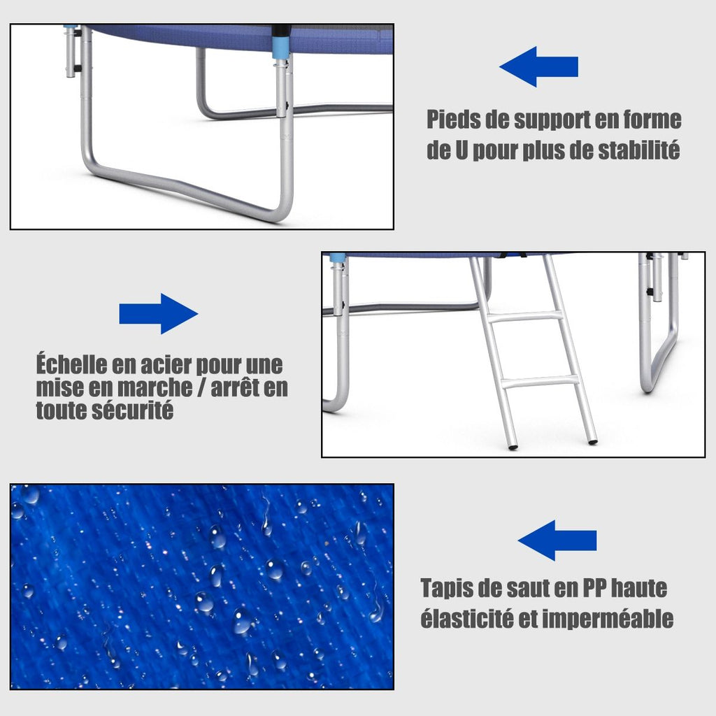 Trampoline de Jardin Ø 305cm avec Filet de Sécurité Porte Entrée Echelle Noir et Bleu -