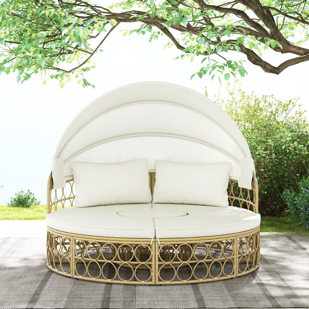 Lit de Repos Rond pour Patio avec Auvent Rtractable Ensemble de Sige Sectionnels Spars en Rotin PE avec Coussins Doux Blanc -