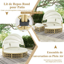 Load image into Gallery viewer, Lit de Repos Rond pour Patio avec Auvent Rétractable Ensemble de Siège Sectionnels Séparés en Rotin PE avec Coussins Doux Blanc -