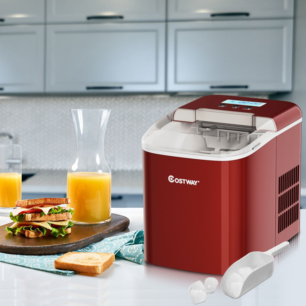 Machine à Glaçons 12KG/24H 2 Tailles de Glaçons 2,1L Réservoir 9pcs en 7 Minutes Pelle Panier Amovible Comptoir Maison Rouge -