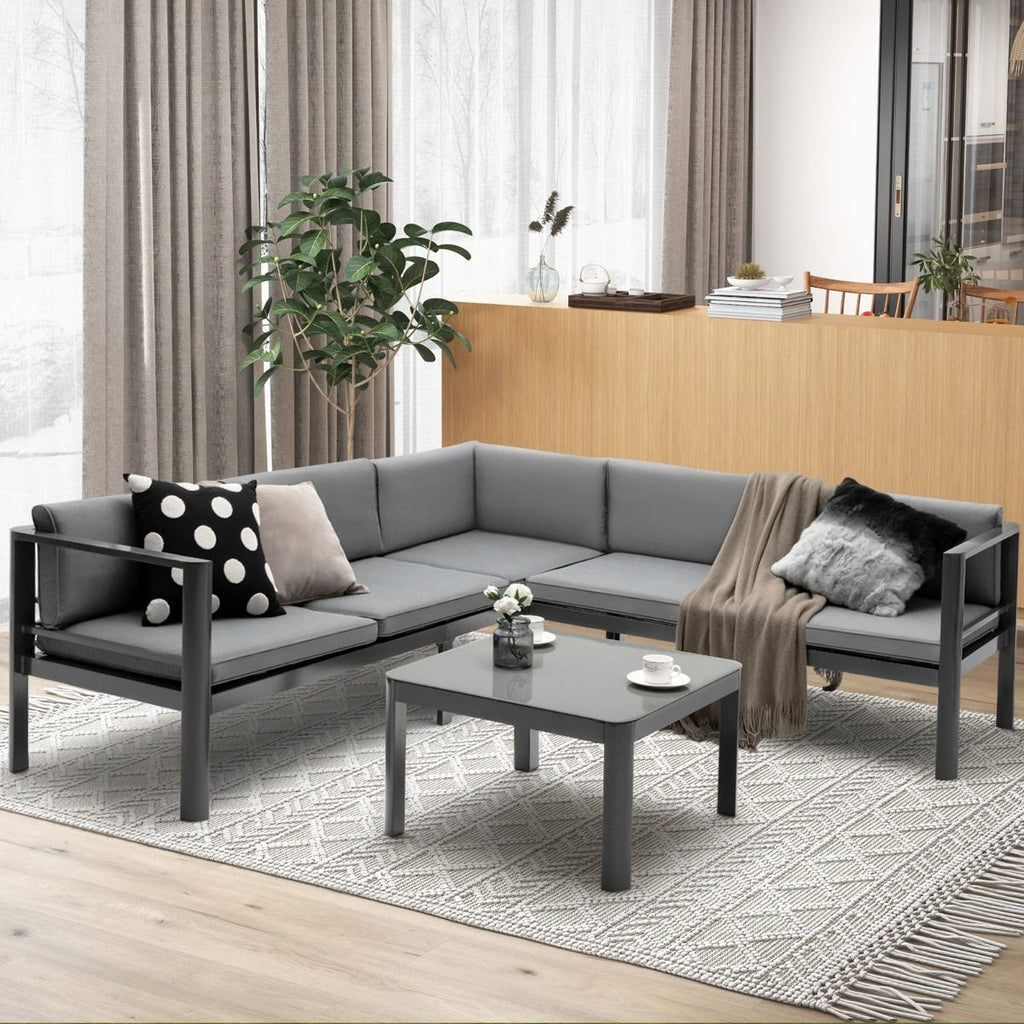 Salon de Jardin Extérieur avec Table Basse en Verre Trempé Canapéavec Dossier Inclinable à 6 Niveaux Coussins Inclus Gris -
