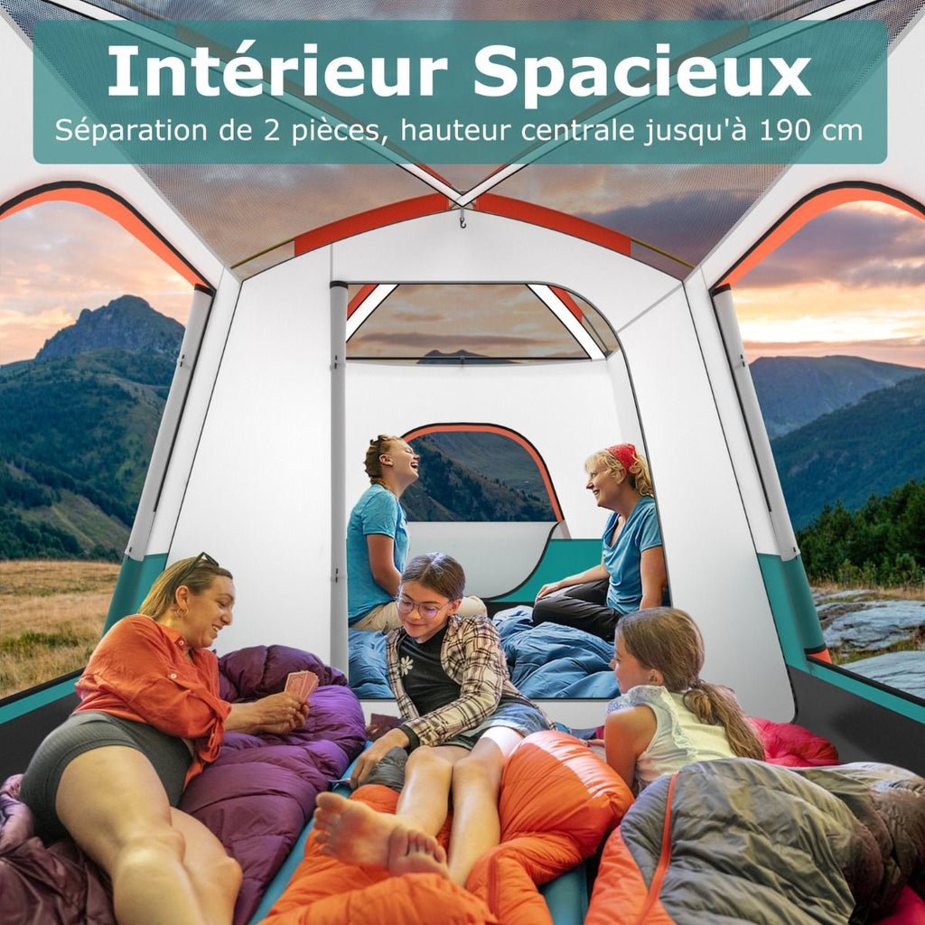 Tente de Camping pour 6/8/10 Personnes avec Auvent Grande Tente Familiale avec 2 Chambres 2 Portes 2 Fenêtres en Maille Vert -