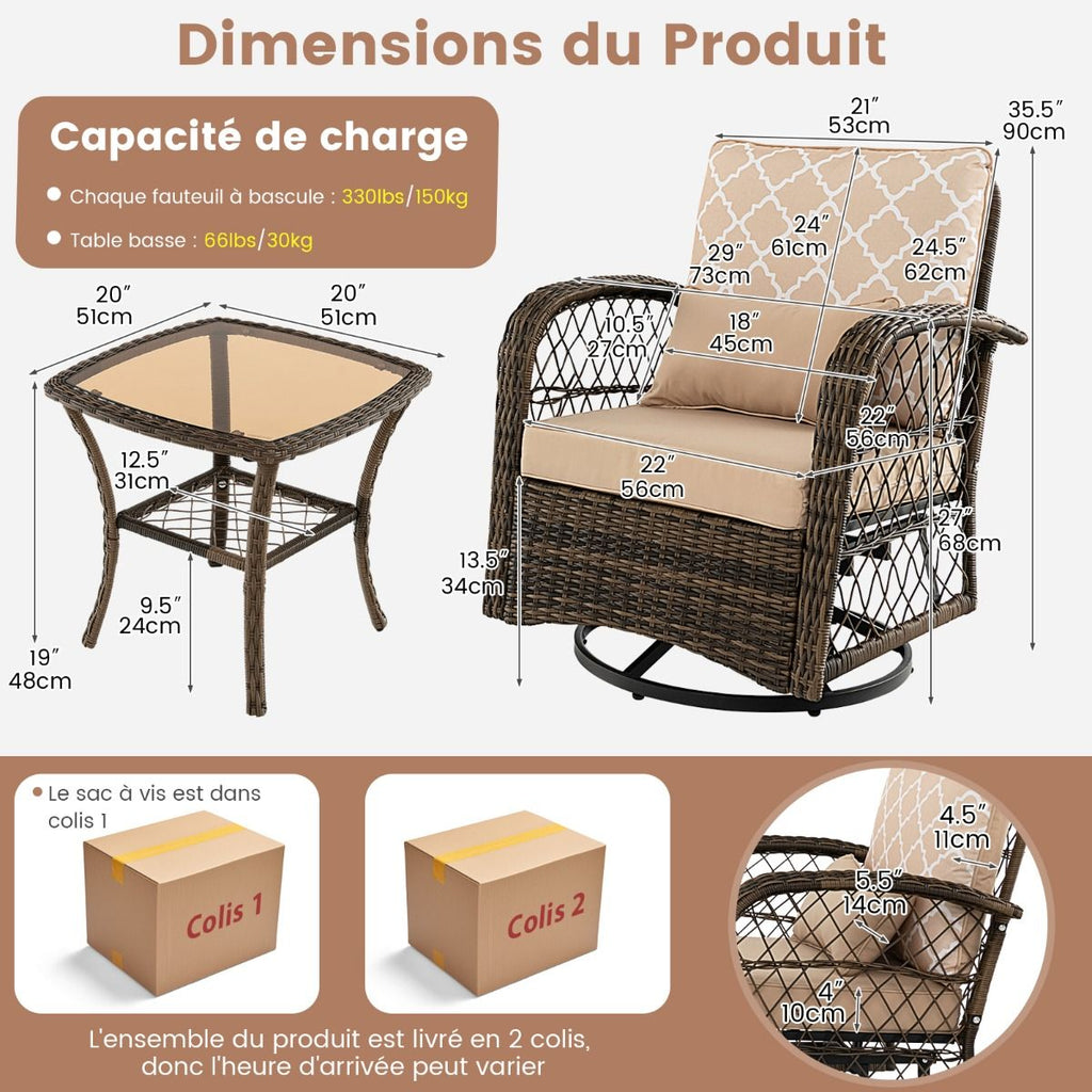 Salon de Jardin Extrieur 3PCS - 2 en Fauteuils  Bascule Pivotant  360掳Rotin PE Cadre Mtal our Terrasse Balcon -