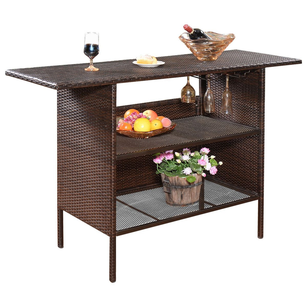 Table de Bar de Jardin en Rsine Tresse avec 2 Etagres de Rangement 2 de Rails pour Porte-Verres Marron -
