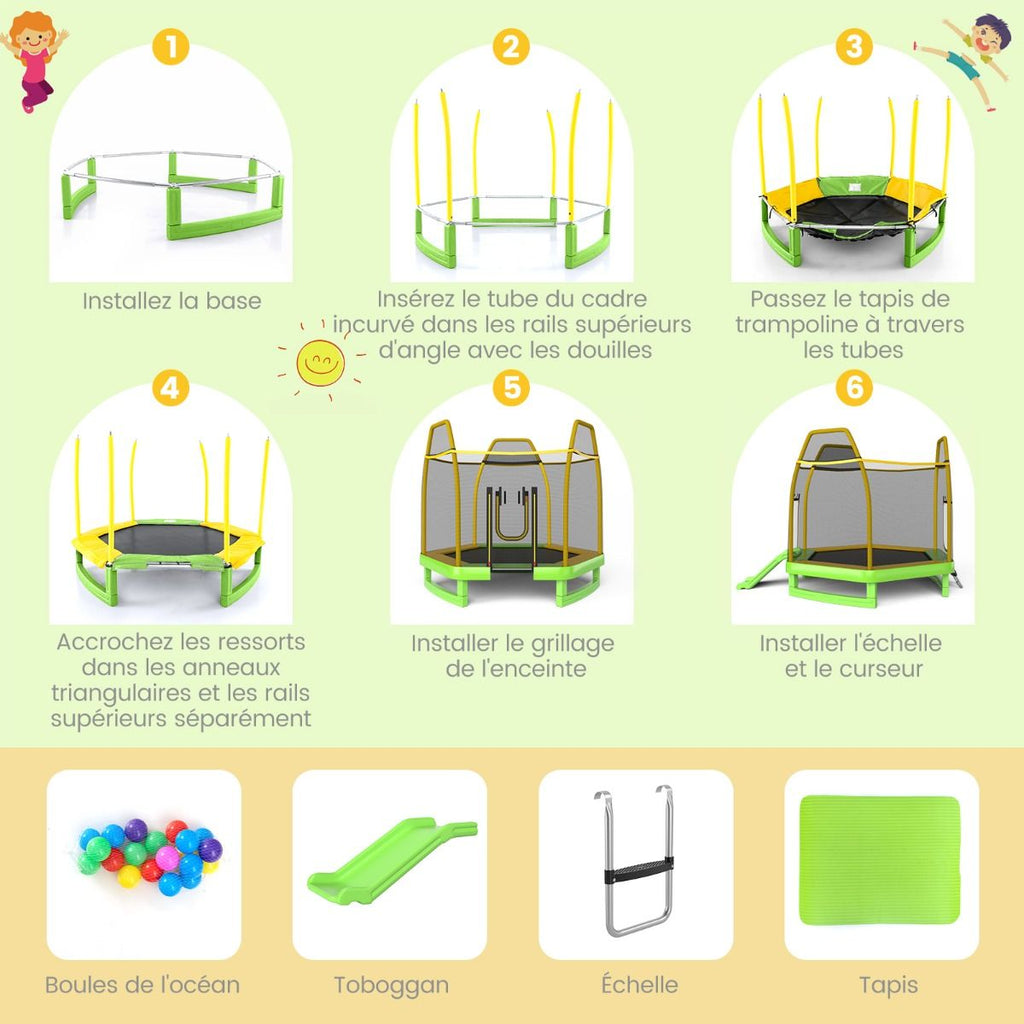 Trampoline Extérieur Ø 223cm avec Toboggan&Echelle avec Filet de Sécurité 2 Portes en U Charge 270kg pour 2-3 Enfants de 3 Ans+ Bleu/Vert -