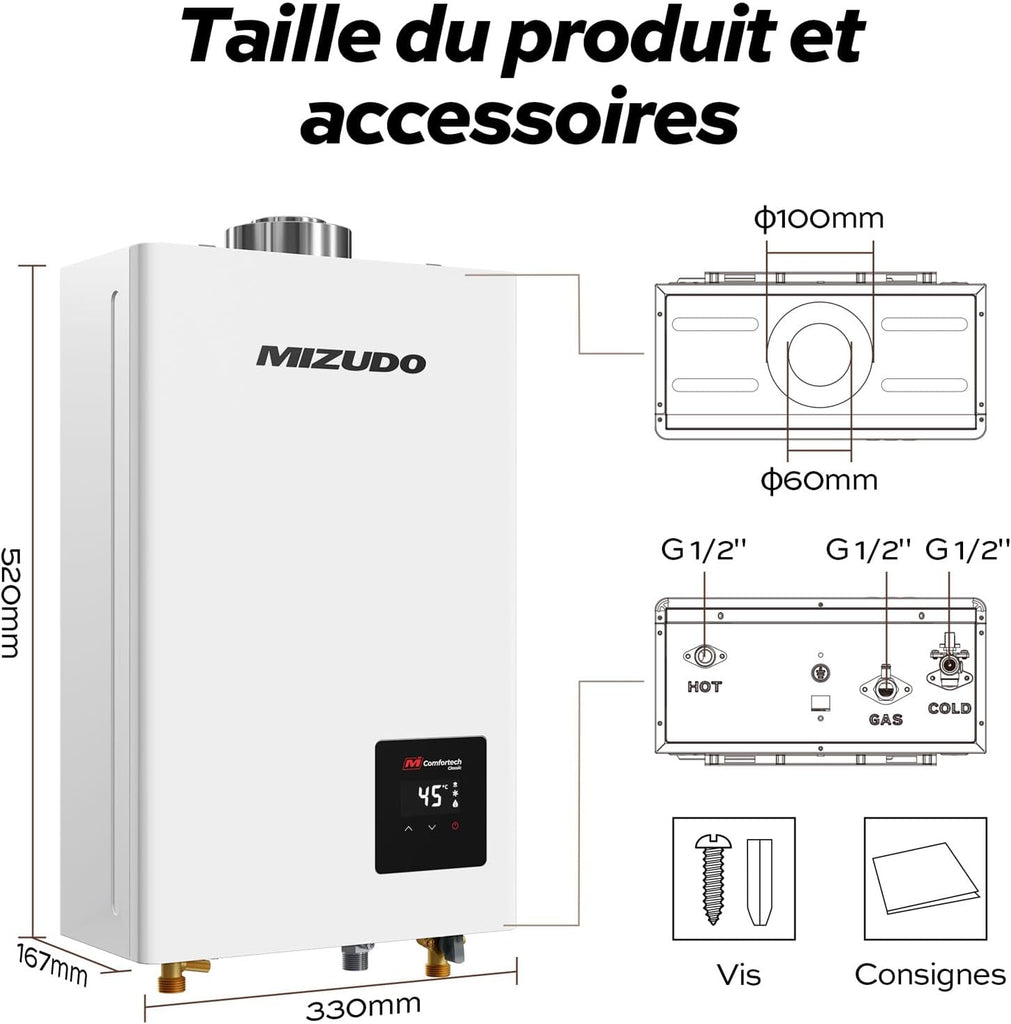 MIZUDO 11L Chauffe-Eau à Gaz Instantané Propane Indoor, avec indicateur LED pour Usage Domestique