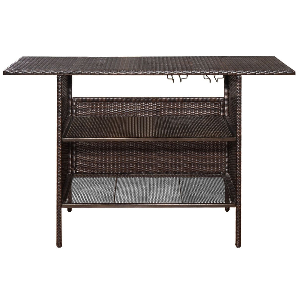 Table de Bar de Jardin en Rsine Tresse avec 2 Etagres de Rangement 2 de Rails pour Porte-Verres Marron -