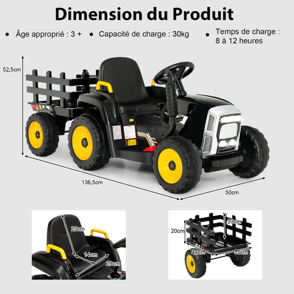 Tracteur Electrique avec Remorque pour Enfants 3 Vitesses Lumires LED Fonctions o USB et Bluetooth Jaune/Rose/Rouge/Vert/Vert Fonc/Noir -
