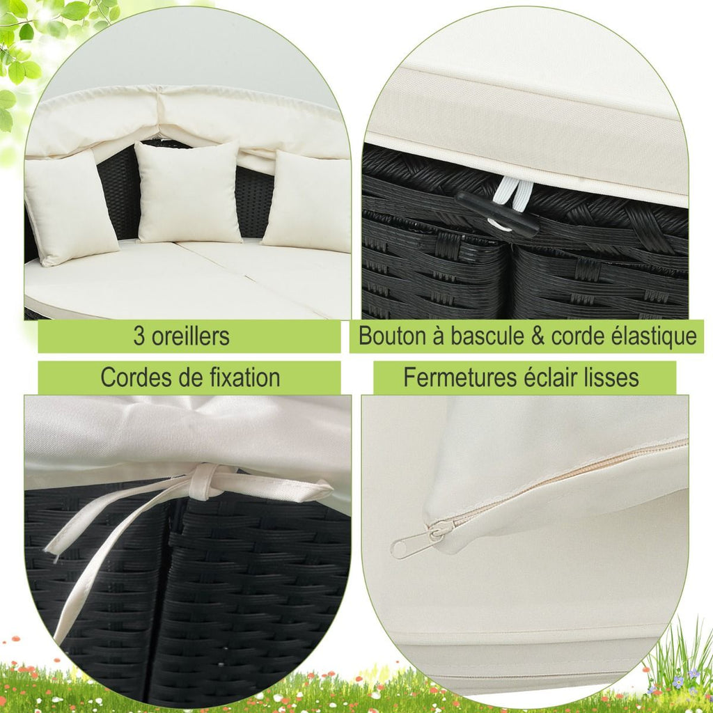 Lit Canap de Jardin Rond en Rotin PE Auvent Rtractable Coussins et Oreillers Amovibles Salon de Jardin Modulable Blanc -
