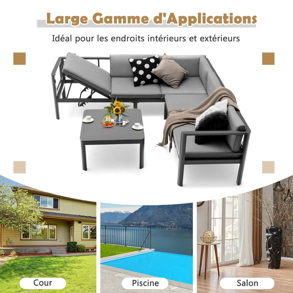 Salon de Jardin Extrieur avec Table Basse en Verre Tremp Canapavec Dossier Inclinable  6 Niveaux Coussins Inclus Gris -